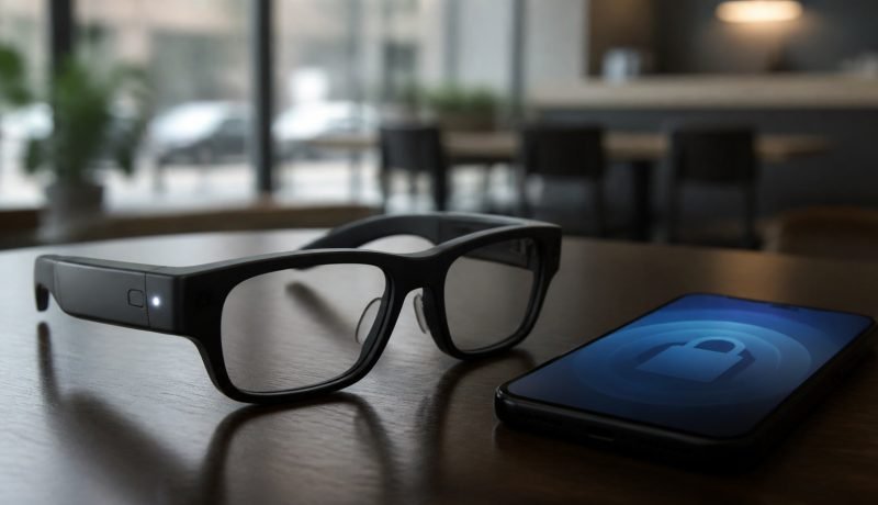 Lentes inteligentes genéricos junto a un teléfono con un símbolo de privacidad