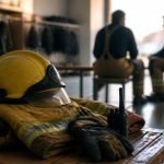 Equipo de protección de Bomberos junto a dos voluntarios conversando en un cuartel