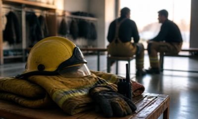 Equipo de protección de Bomberos junto a dos voluntarios conversando en un cuartel