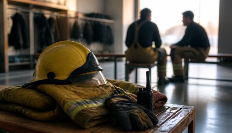 Equipo de protección de Bomberos junto a dos voluntarios conversando en un cuartel