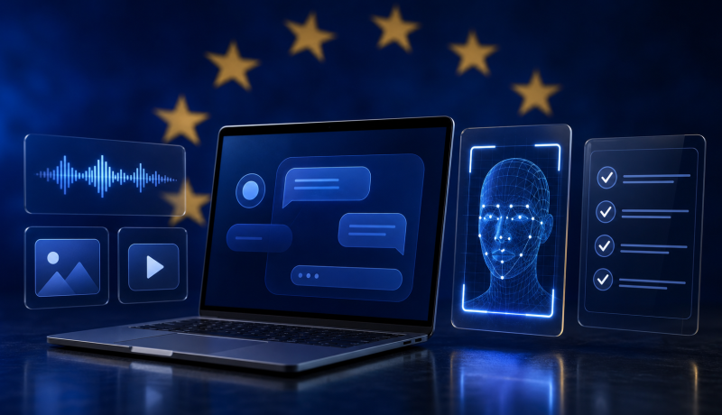 Ilustración sobre transparencia de chatbots, deepfakes y contenido generado por inteligencia artificial