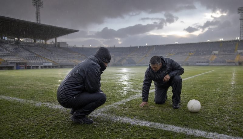 Trabajadores revisan una cancha de fútbol bajo la lluvia antes del inicio de la fecha 16