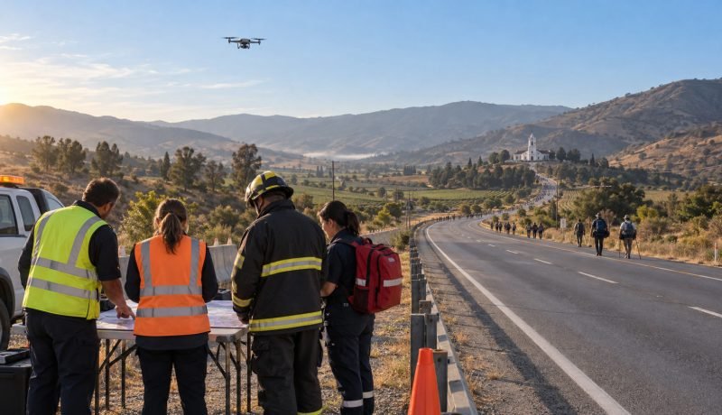 Equipo de emergencia revisa un mapa junto a una ruta rural con un dron en vuelo