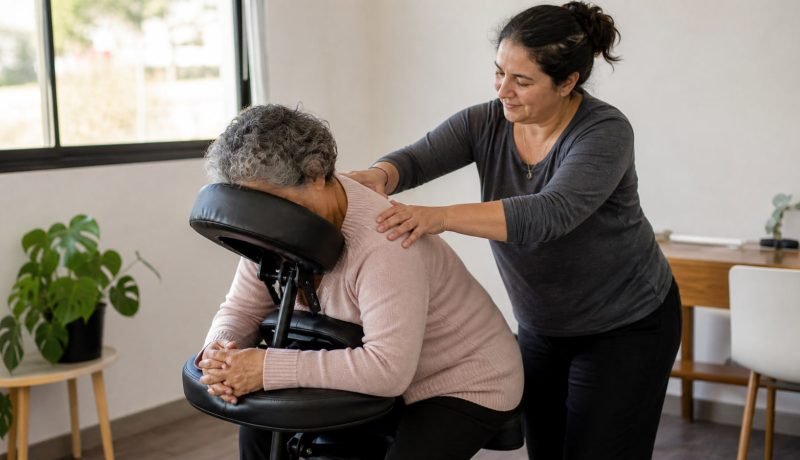 Persona mayor recibe un masaje de hombros en una sala comunitaria