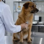 Estudiante examina a un perro durante una práctica de medicina veterinaria
