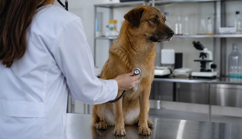 Estudiante examina a un perro durante una práctica de medicina veterinaria