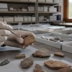Manos con guantes revisan piezas arqueológicas en una mesa de conservación