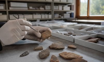 Manos con guantes revisan piezas arqueológicas en una mesa de conservación