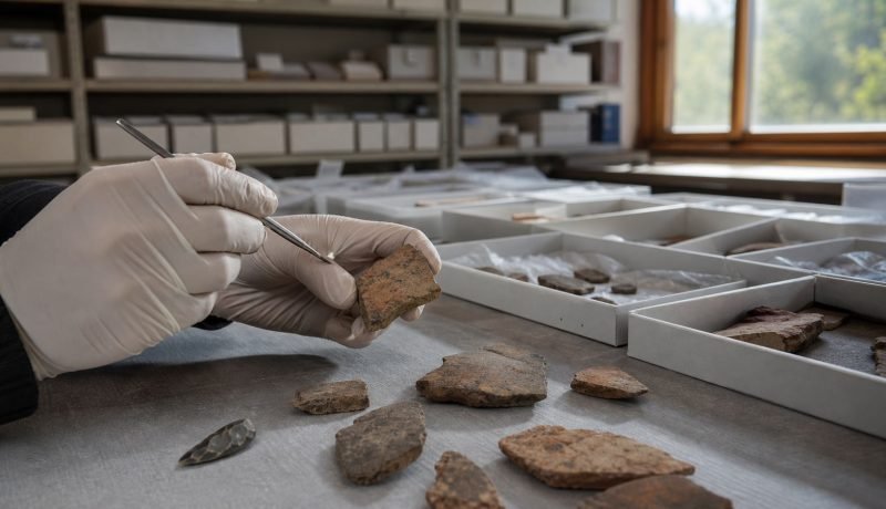 Manos con guantes revisan piezas arqueológicas en una mesa de conservación
