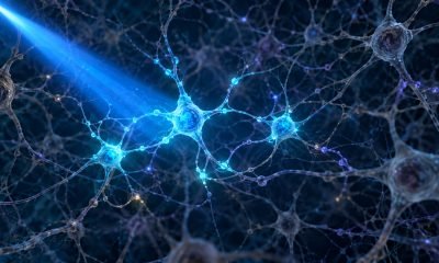 Ilustración editorial de neuronas activadas por un haz de luz azul