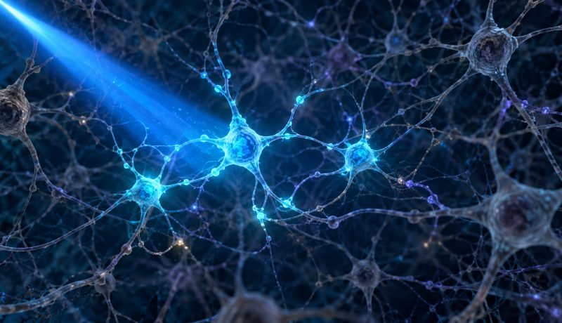 Ilustración editorial de neuronas activadas por un haz de luz azul