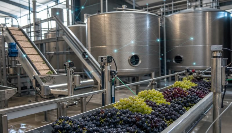 Uvas en una línea de procesamiento alimentario conectada a sensores digitales