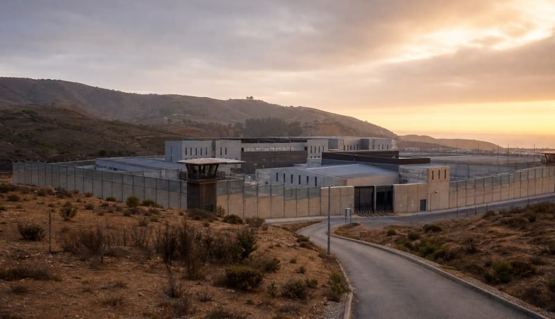 Ilustración editorial de un recinto penitenciario moderno en un paisaje de la Región de Valparaíso
