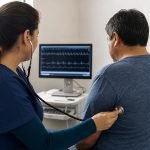 Profesional de salud realiza un control cardiológico a un paciente