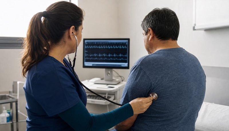 Profesional de salud realiza un control cardiológico a un paciente
