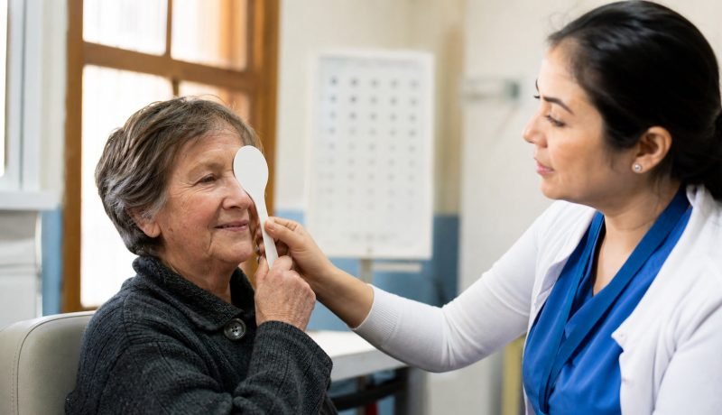 Profesional de salud realiza una evaluación visual a una persona mayor durante un operativo comunitario
