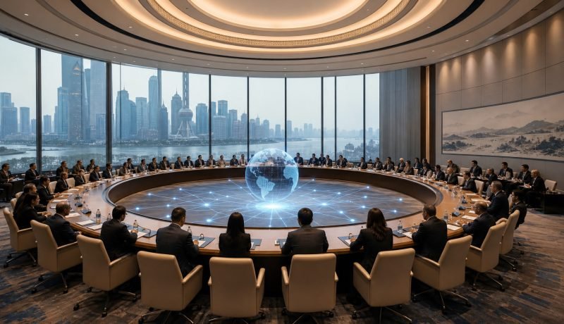 Mesa internacional de cooperación en inteligencia artificial con un globo digital en el centro