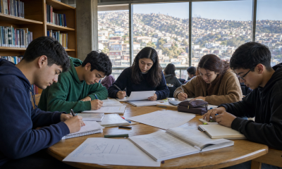 Jóvenes estudian en una biblioteca con los cerros de Valparaíso al fondo