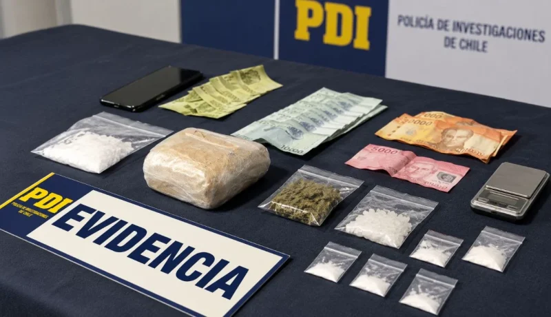 Dinero, teléfono, balanza y paquetes con sustancias incautadas, exhibidos como evidencia por la PDI