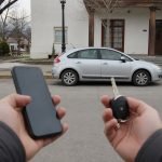 Automóvil, llaves y teléfono para realizar el pago del permiso de circulación