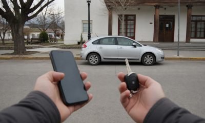 Automóvil, llaves y teléfono para realizar el pago del permiso de circulación