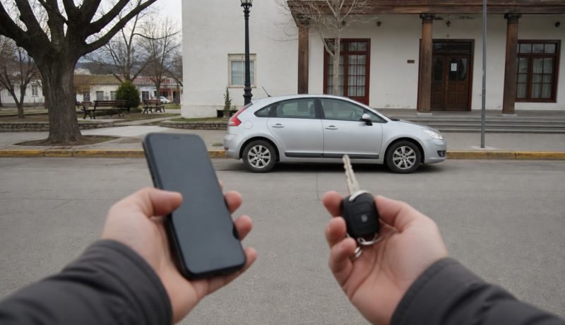 Automóvil, llaves y teléfono para realizar el pago del permiso de circulación