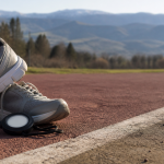 Zapatillas deportivas junto a una pista atlética genérica