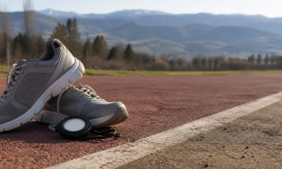 Zapatillas deportivas junto a una pista atlética genérica