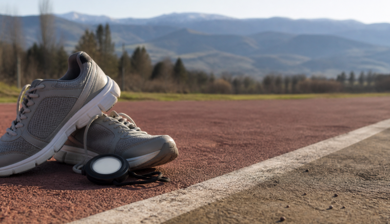 Zapatillas deportivas junto a una pista atlética genérica