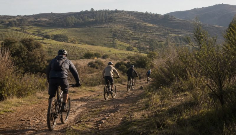 Ciclistas de montaña recorren un sendero rural entre los cerros de Pitama