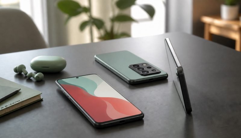 Tres teléfonos inteligentes genéricos sobre un escritorio junto a audífonos