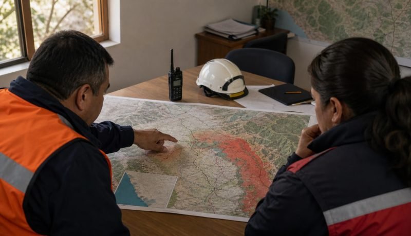 Dos profesionales revisan un mapa para planificar la reducción de riesgos de desastres