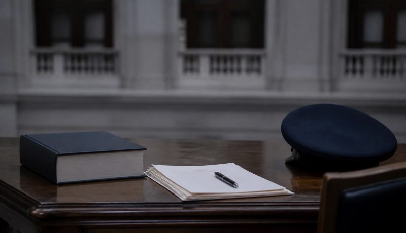 Libro jurídico y gorra policial genérica sobre un escritorio institucional