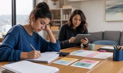 Estudiante prepara la PAES con cuadernos y material de planificación mientras recibe orientación vocacional