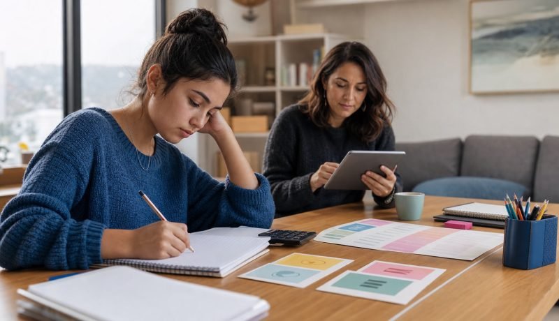 Estudiante prepara la PAES con cuadernos y material de planificación mientras recibe orientación vocacional