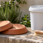Recipientes de jardín boca abajo, un balde tapado y un cepillo para prevenir acumulaciones de agua