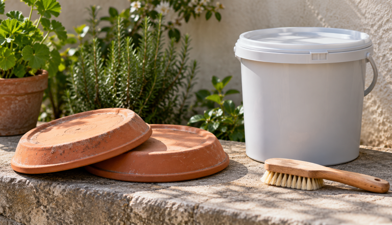 Recipientes de jardín boca abajo, un balde tapado y un cepillo para prevenir acumulaciones de agua