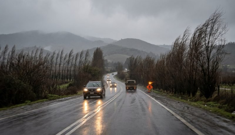 Camino del valle de Casablanca bajo lluvia y viento durante el invierno