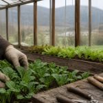 Manos con guantes trabajan entre hortalizas dentro de un invernadero