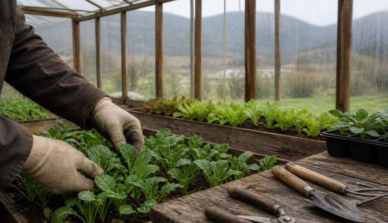 Manos con guantes trabajan entre hortalizas dentro de un invernadero