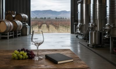 Bodega y viñedo durante el invierno en una escena sobre producción de vino