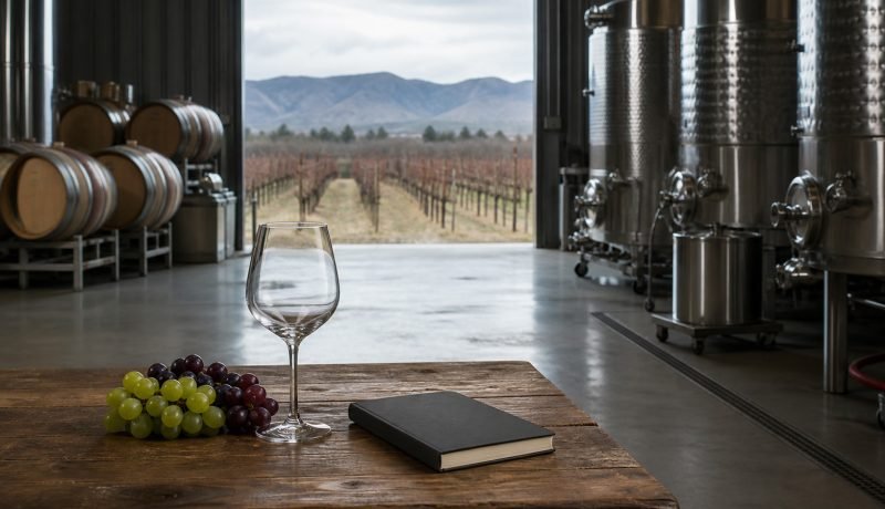Bodega y viñedo durante el invierno en una escena sobre producción de vino