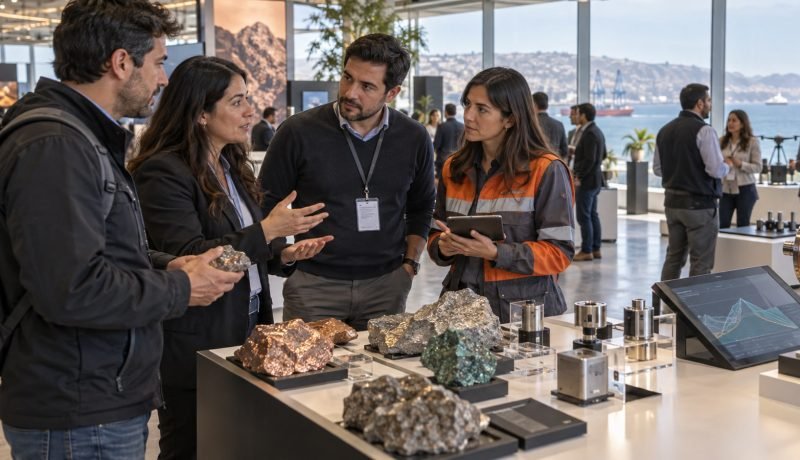 Representación editorial de proveedores conversando en una muestra de tecnología industrial y minerales