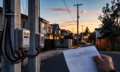 Medidores eléctricos en un barrio residencial chileno al atardecer mientras una persona revisa su cuenta de luz