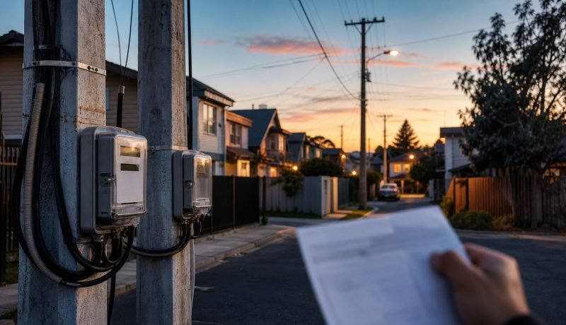 Medidores eléctricos en un barrio residencial chileno al atardecer mientras una persona revisa su cuenta de luz