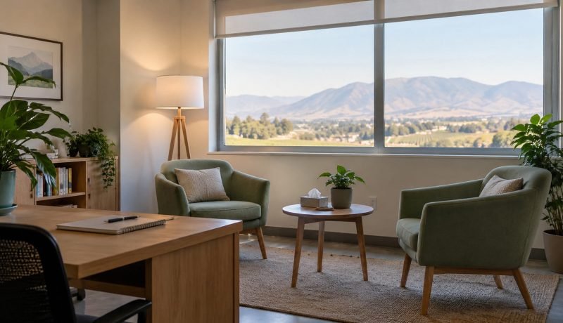 Sala de atención de salud mental con dos sillones en un centro comunitario
