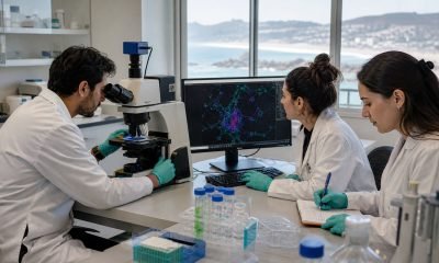 Equipo de investigación trabaja con microscopio y análisis biomédico en laboratorio