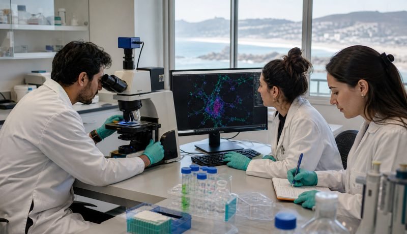 Equipo de investigación trabaja con microscopio y análisis biomédico en laboratorio