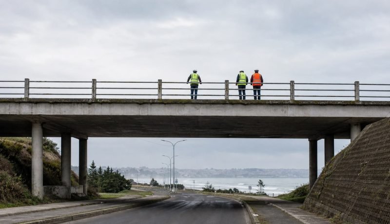 Puente urbano de hormigón junto a la costa, imagen editorial referencial