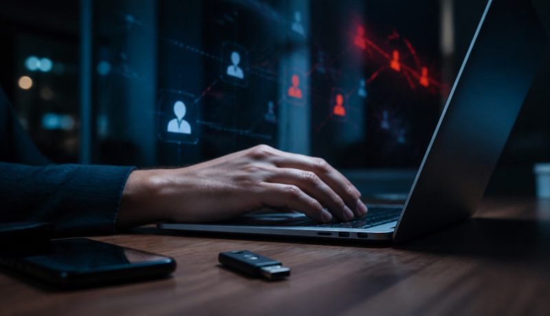 Persona usando un notebook junto a una llave de seguridad en una escena editorial sobre identidades digitales